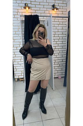 دامن بژ زنانه چرم مصنوعی TUBA TOPTAŞ - کد 879207307