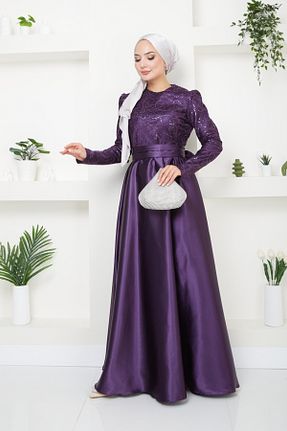 لباس مجلسی حجاب بنفش زنانه یقه ایستاده Ayşe Melek - کد 853640232