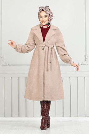 پالتو پشمی حجاب قهوه ای زنانه رگولار ModaMerve - کد 880195710