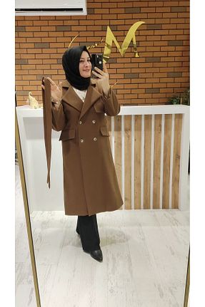 پالتو پشمی قهوه ای زنانه اورسایز Meryemce Butik - کد 880251209