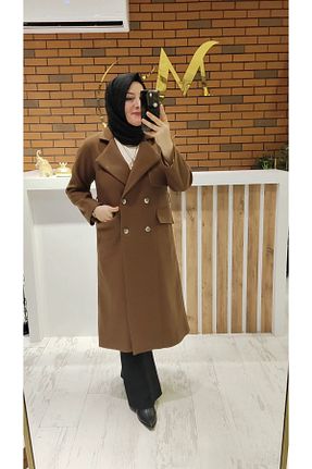 پالتو پشمی قهوه ای زنانه اورسایز Meryemce Butik - کد 880251209