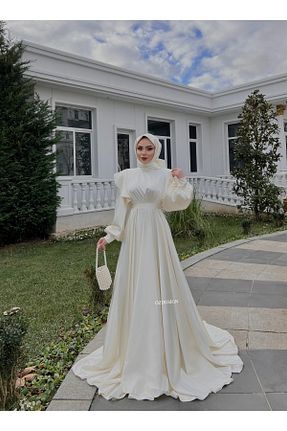 لباس مجلسی حجاب بژ زنانه یقه دوچرخه ÖZDESİGN - کد 880612674