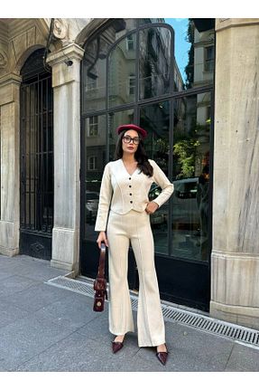 ست بالاتنه و پائین تنه سفید زنانه تریکو Abalı - کد 880753815