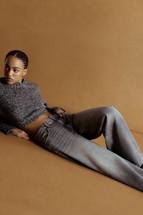 شلوار جین طوسی زنانه پاچه پهن Pull & Bear - کد 881067486
