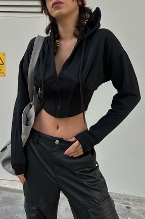 سوئیشرت مشکی زنانه کراپ Köstebek - کد 881261390