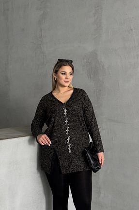 بلوز سایز بزرگ قهوه ای زنانه رگولار Stil Diva - کد 848779870