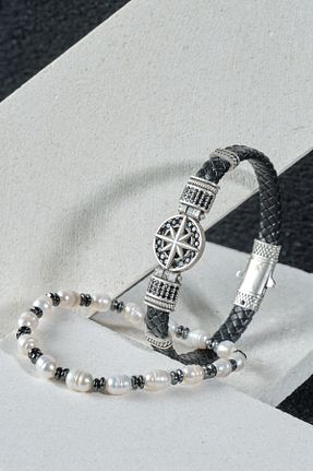 دستبند جواهر سفید زنانه چرم خالص Ssilhoutte Doğaltaş - کد 881865389