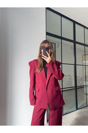 ست بالاتنه و پائین تنه زرشکی زنانه بافتنی PINKPERİ - کد 881960969