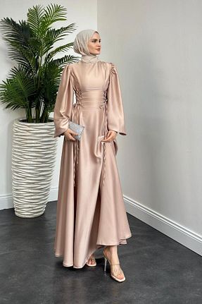 لباس مجلسی حجاب بژ زنانه یقه ایستاده MERVEN AKYÜZ - کد 880103734