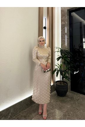 لباس مجلسی حجاب بژ زنانه یقه دوچرخه By Atelier - کد 872897540