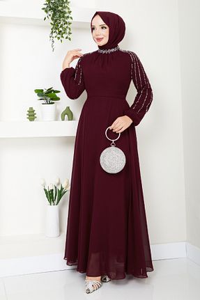 لباس مجلسی حجاب زرشکی زنانه یقه دوچرخه Genel Markalar - کد 852119317
