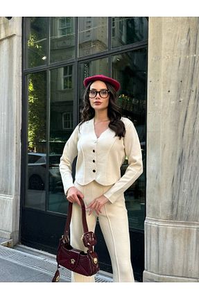 ست بالاتنه و پائین تنه سفید زنانه تریکو Abalı - کد 880753815