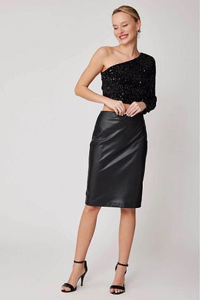 دامن مشکی زنانه چرم مصنوعی Butik - کد 881284955