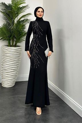 لباس مجلسی حجاب مشکی زنانه یقه ماهیگیر MERVEN AKYÜZ - کد 881846818