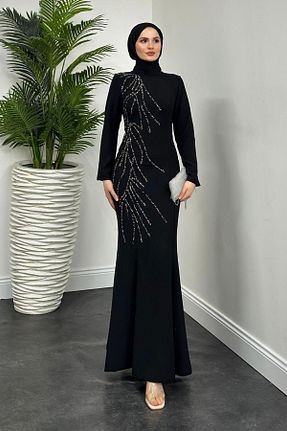 لباس مجلسی حجاب مشکی زنانه یقه ماهیگیر MERVEN AKYÜZ - کد 881846818