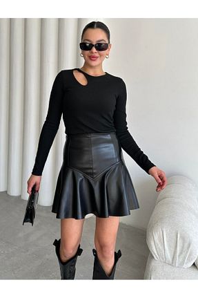 دامن مشکی زنانه چرم مصنوعی ŞULE BUTİK - کد 881774966