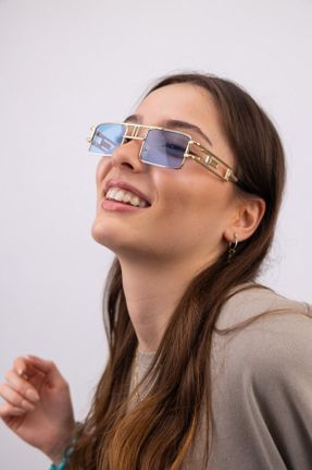 عینک آفتابی آبی زنانه 49 UV400 فلزی سایه روشن هندسی کد 133723862