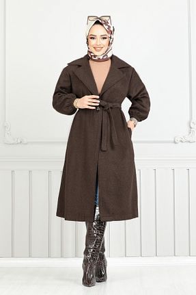 پالتو پشمی حجاب قهوه ای زنانه رگولار ModaMerve - کد 880195706