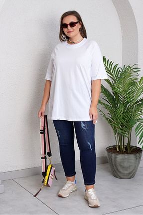 شلوار جین سایز بزرگ سرمه ای زنانه فاق بلند Büyük Moda - کد 875900466