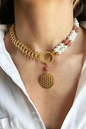 گردنبند جواهر صورتی زنانه سنگ طبیعی Sose Moda - کد 686895898