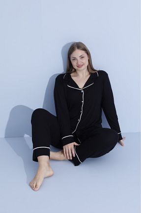 ست لباس راحتی سایز بزرگ مشکی زنانه ساده PİJAMOOD - کد 881280638