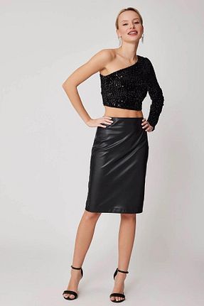 دامن مشکی زنانه چرم مصنوعی Butik - کد 881284955