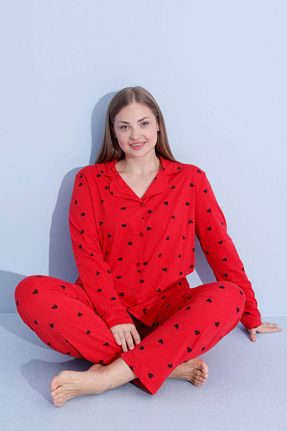ست لباس راحتی سایز بزرگ قرمز زنانه Kalp PİJAMOOD - کد 881681908