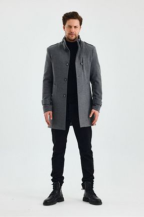 پالتو پشمی طوسی مردانه تنگ TREND KOMBİN - کد 881686778