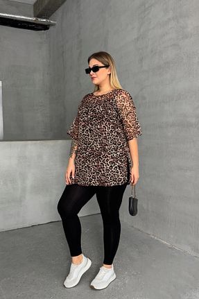 بلوز سایز بزرگ قهوه ای زنانه سایز بزرگ Stil Diva - کد 870034687