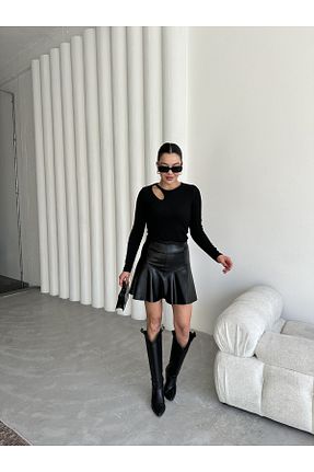 دامن مشکی زنانه چرم مصنوعی ŞULE BUTİK - کد 881774966