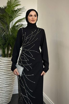 لباس مجلسی حجاب مشکی زنانه یقه ایستاده MERVEN AKYÜZ - کد 882601912