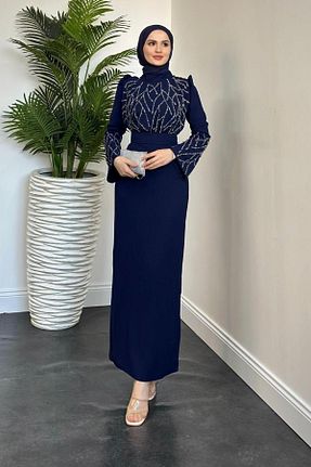 لباس مجلسی حجاب سرمه ای زنانه یقه ایستاده MERVEN AKYÜZ - کد 882603445