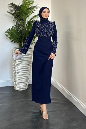 لباس مجلسی حجاب سرمه ای زنانه یقه ایستاده MERVEN AKYÜZ - کد 882603445