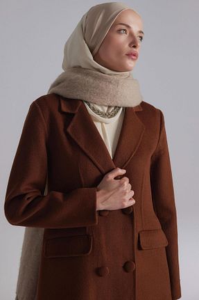 پالتو پشمی حجاب قهوه ای زنانه اورسایز Tuğba - کد 883303671