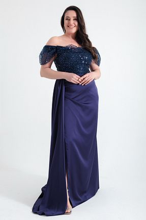 لباس مجلسی سایز بزرگ سرمه ای زنانه یقه قایقی Lafaba - کد 808958011