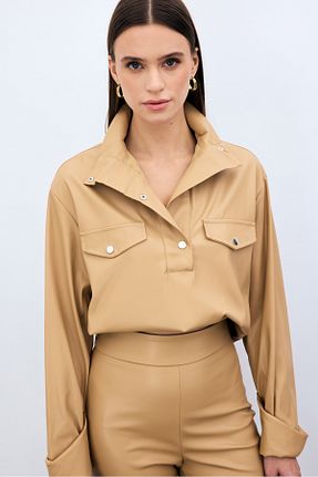 بلوز بژ زنانه ساده Sateen - کد 354554777