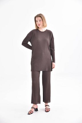 ست بالاتنه و پائین تنه قهوه ای زنانه بافت Atelier Lina - کد 871681581