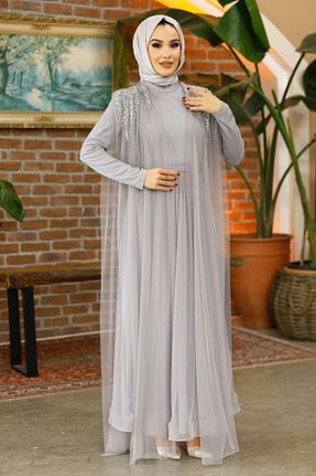 لباس مجلسی حجاب طوسی زنانه یقه ایستاده Nursima - کد 881380368