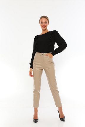 شلوار بژ زنانه چرم خالص Basics&More - کد 156160073