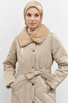 پالتو پشمی حجاب بژ زنانه رگولار Tuğba - کد 883363696