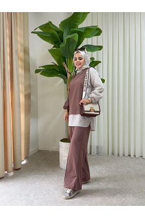 ست بالاتنه و پائین تنه حجاب قهوه ای زنانه رگولار ASEL FASHİON - کد 129616882
