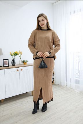 ست بالاتنه و پائین تنه قهوه ای زنانه بافتنی eflanmoda - کد 883854091