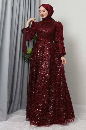 لباس مجلسی حجاب زرشکی زنانه یقه ایستاده giz astore - کد 884225135