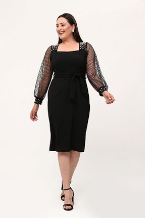 لباس مجلسی سایز بزرگ مشکی زنانه یقه مربعی Şirin Butik - کد 718336461