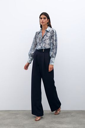 شلوار پارچه ای سرمه ای زنانه فاق بلند Sateen - کد 829529045