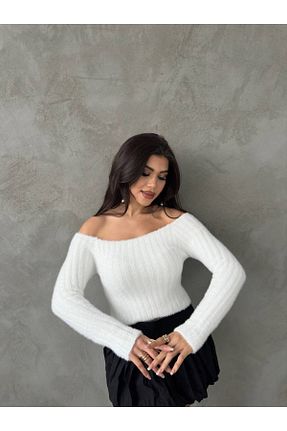پلیور سفید زنانه ساده Abalı - کد 884702240