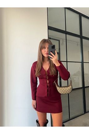 ست بالاتنه و پائین تنه زرشکی زنانه تریکو PINKPERİ - کد 882491215