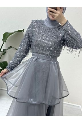 لباس مجلسی حجاب طوسی زنانه یقه ایستاده Modamorfo - کد 831813780