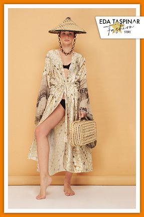 کیمونو و کافتان بژ زنانه طرح دار Eda Taşpınar - کد 883422292