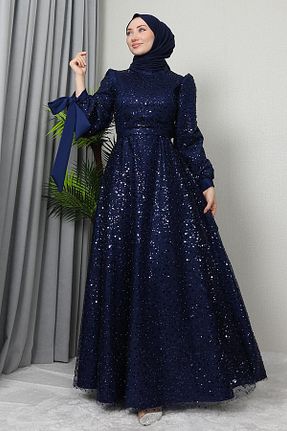 لباس مجلسی حجاب سرمه ای زنانه یقه ایستاده GİZ AGİYİM - کد 884100646